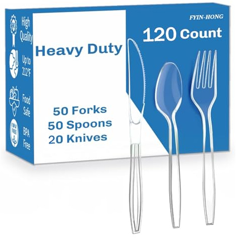 FYIN-HONG 120 Count Heavy Duty Plastic Silverware, Disposable Clear Plastic Utensils Set, 50 Forks, 50 Spoons, 20 Knives, BPA-Free, Heat Resistant; Cutlery Set for Party