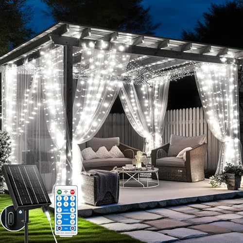 Solar Lichtervorhang Outdoor, 3x3m 300 LED Warmweiß, IP65 Wasserdicht | mit Fernbedienung, 8 Modi & Timer, Solar Lichterkette Vorhang für Balkon, Terrasse, Garten, Wand, Pavillon & Hochzeit