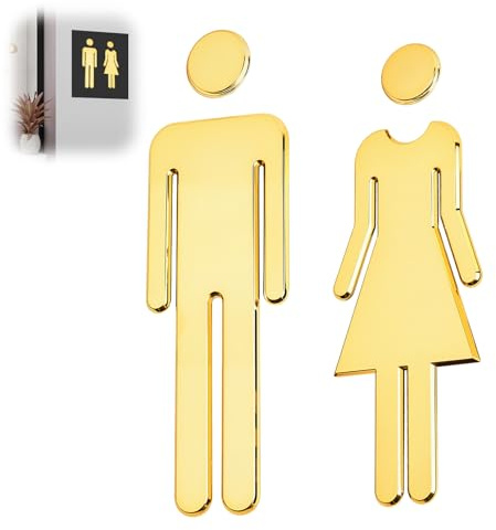 1 Pair Restroom Door Signs for Men and Women, Self-Adhesive Acrylic Mirror Toilet Signage Stickers, Gold Washroom Symbols for Hotels, Restaurants, Offices, Bars, Public Toilets