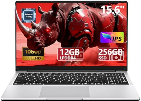 Ordinateur Portable 15,6 pouces Celeron N4000, PC Portable 12Go RAM LPDDR4 SSD 256 Go Full HD 1920 x 1080, Laptop avec USB 3.0, Wi-Fi, mini HDMI, Bluetooth 4.2, prise en charge de l'extension SSD 1 To