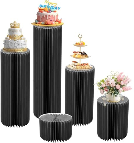 Faltbare Papiersäulen Zylinderständer Ausstellungssockel für Partys, 5 Stück Herzstück Zylindertische,Zylindertisch Römische Säule aus Pappe,Kuchen Display Sockelständer für Hochzeits(Schwarz)