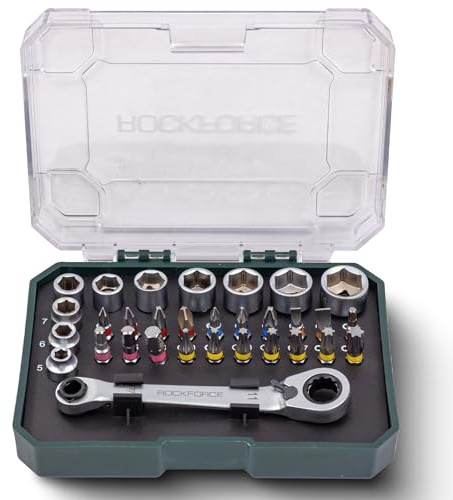 Rockforce Set di Chiavi a Bussola 31 Pezzi 1/4 – Mini Cricchetto Reversibile, Bussole e Inserti in Acciaio Cr-V con Valigetta Compatta – Kit Attrezzi per Auto, Officina e Fai da Te