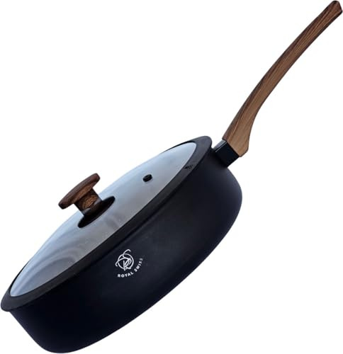 Royal Swiss® Poêle Sauteuse 28 cm – Tous Feux dont Induction – Manche Effet Bois Stay-Cool & Couvercle en Verre – Cuisson Saine, Antiadhésive & Élégante