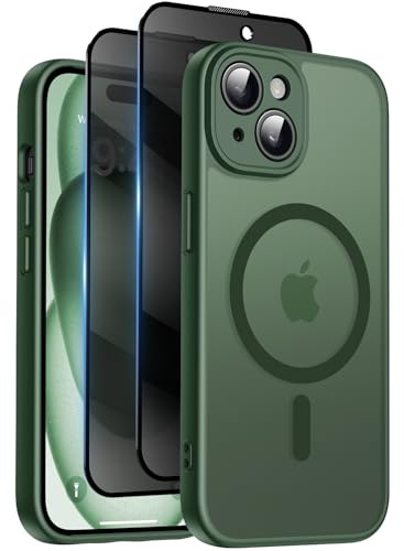 Qasyfanc for iPhone 15 Case, Privacy Screen Protectors X2, Green | Compatible with MagSafe, Camera Protection, 15FT Military Drop Protection, Translucent Matte Shockproof Phone Cover