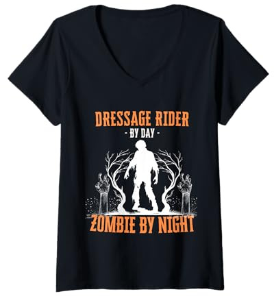 Womens Dressage Rider by Day Zombie by Night Funny Halloween Creepy V-Neck T-Shirt