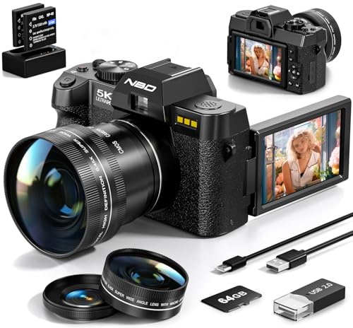 5K&64MP Digital Camera for Photography & Video, 16X Zoom, WiFi, 180° Flip Screen, Autofocus, Anti-Shake, Wide-Angle & Macro Lens Kit, Webcam Mode, 64GB Card & 2 Batteries for Travel Vlogging (Black)