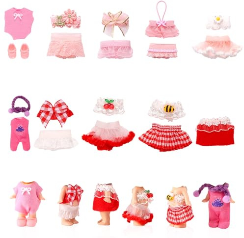 10 Conjuntos de Ropa para Muñecas, 7,62 cm Accesorios de Colección Muñecas con Lazos Flores Cerezas Abejas para Decoración y Exhibición (Rosa y Rojo)