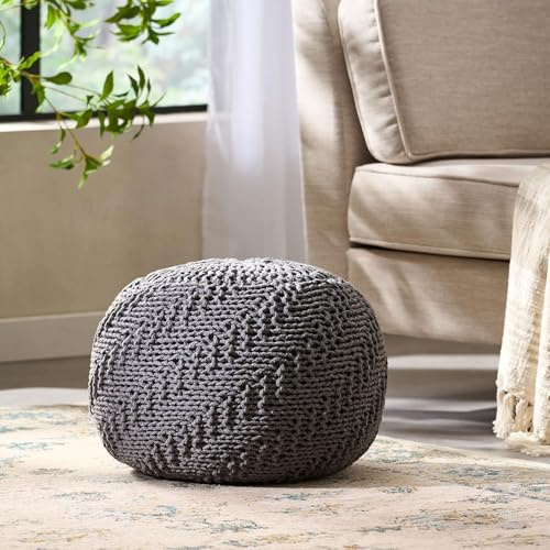 ROCKRAIN Hand-Knitted Pouf Ottoman: 20 Round Footrest & Seat - Handmade with Recycled PET Yarn for Small Living Rooms & Apartments - Cozy Accent for Modern Home Office & Bedroom Decor