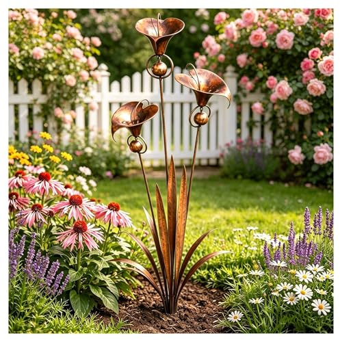 Piquet de Jardin en cuivre flammé avec Trois lys Calla avec Cloches, Piquet de Cloche à Vent extérieur, décoration de piquets de Jardin en métal, Sculpture de Plante fantaisiste
