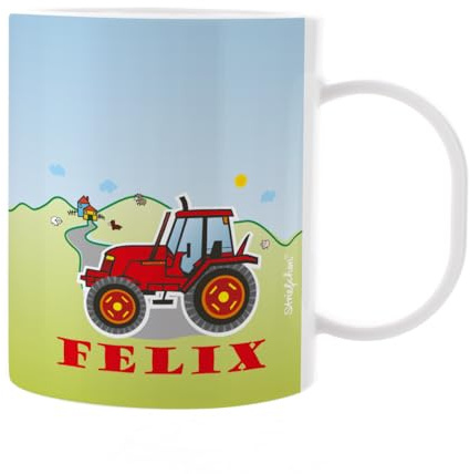 Striefchen® Kunststoff Kindertasse für Jungen mit Wunschname bedruckt - verschiedene Motive Traktor Rot