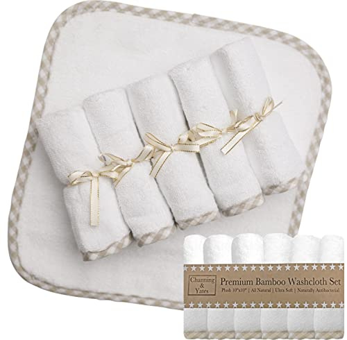 Premium baby tvättdukar - (6-pack) certifierade organiska baby tvättdukar av Channing & Yates - mjuka bambuansiktshanddukar - 25 x 25 cm - bad tvättlappar eksem - vuxna tvättlappar (beige/vit)