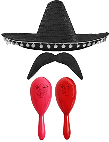 Mexikanisches Kostüm-Zubehör-Set – Mexikanischer Sombrero mit Maracas und Quaste, schwarzer Pompon, Sombrero + rosa und rote Maracas