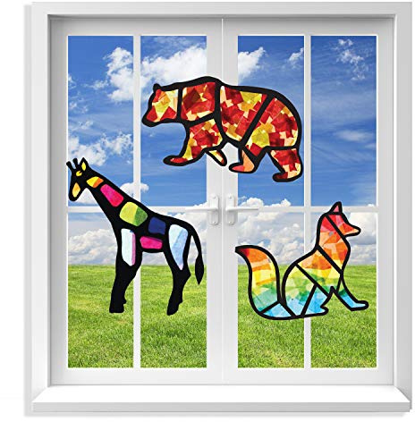 VHALE Suncatchers Craft 3 Sets (9 Cutouts) w Tissue Papers Stained Glass Effect Paper Sun Catcher Kit, Window Art, Classroom Crafts, Creative Art Projects, Kids Party Favors (Animal)