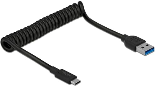 Delock 85349, USB 3.1 Gen 2 Spiralkabel Typ-A Stecker zu Type-C™ Stecker (Kontakte goldbeschichtet, Datentransferrate bis zu SuperSpeed USB 10 Gbps, Farbe: schwarz)