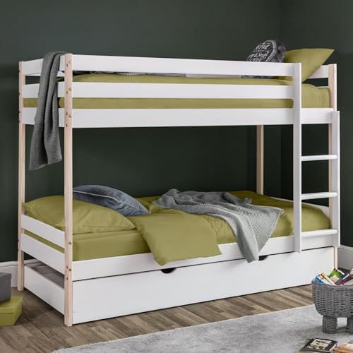 Julian Bowen Nova Bunk Bed, Single, White/Pine Effect - H153 x W97 x D195cm | Modern Kids Bed with Ladder, 90cm/3ft, Ideal for Kids & Guest Rooms, Wooden Bunkbed, No Box Spring Needed
