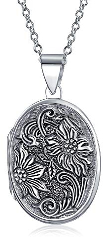 Bling Jewelry Vintage Stil Geprägte Scroll Blumen Sonnenblumen Foto Oval Medaillons Halskette Anhänger Für Frauen, Die Bilder Halten, Oxidiertes .925 Sterling Silber Groß