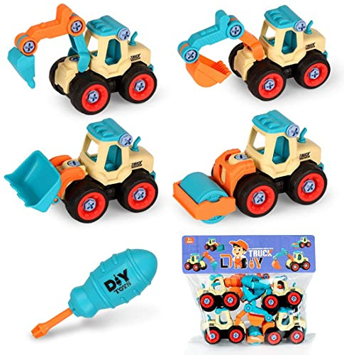 O-Kinee Bagger Spielzeug Klein, Sandspielzeug Bagger Set, Baufahrzeuge Spielzeug, Bulldozer Grabenmaschine, Zerlegen Spielzeug 4 in 1,Baufahrzeuge Lernspielzeug, Spielzeug Geschenk