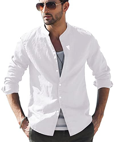 LVCBL Camisa de verano estilo Henley de manga larga para hombre, camisa de lino, corte regular, camisas para hombre, 02blanco, XXXL