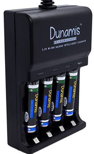 4pk Dunamis 1.2v AAA 900mAh NiMH Rechargeable Batteries & USB Charger/Battery Charging Dock - HIGH CAPACITY Batteries Suitable for High Drain Devices etc (4pk + Charger, AAA 900mAh - Green Cell)