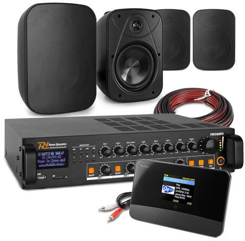 4-Zone Wall Mounted Music System - Internet & DAB+ Radio, Bluetooth, FM, Multi-Zone Mixer Amplifier & 4 Weatherproof Black Speakers for Home & Commercial PA Installations