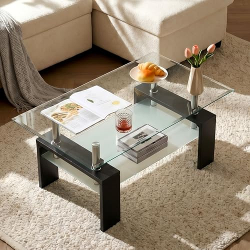 LEMROE Modern Rectangle Coffee Table with Metal Frame Tempered Glass Black
