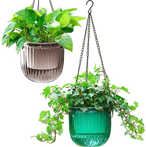 Melphoe Lot de 2 Pots de Fleurs à Suspendre à Auto-arrosage pour intérieur et extérieur, 16,5 cm, Panier de Fleurs Suspendu avec 3 Crochets et Trous de Drainage pour Jardin, Maison (émeraude + Gris)