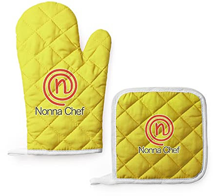 Set da Cucina Guanto da Forno e Presina Colorati Festa della Mamma Dei Nonni Personalizzato Idea Regalo Speciale Compleanno Natale per Mamma Nonna Cuoco Chef Famiglia Amore Nonnachef Master