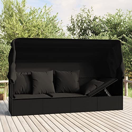 Yolola Gartensofa mit Dach und Kissen Gartensofa 3-Sitzer Rattan Sofa Balkonmöbel Lounge Sofa Outdoor Balkonsofa Sonnenliege Gartenmöbel Sonneninsel Gartenliege Lounge Gartenbank Gartenbett Schwarz