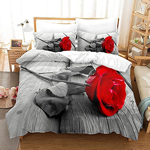EHAOKK Rote Rose Muster Bettbezug,Romantik Rosen 3 Teilig bettwäsche | Kreative Herzförmiges Rosenmuster,Herren Damen 3D Liebe Rose Bettwäsche mit 2 Kissenbezug 50x75(A,220x240cm)