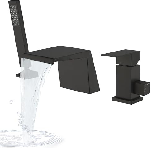 LIWEIKE 3 Loch Badewannenarmatur, Wasserfall Badewannenarmatur Matt schwarz Römische Badewanne Wasserhahn mit Handbrause