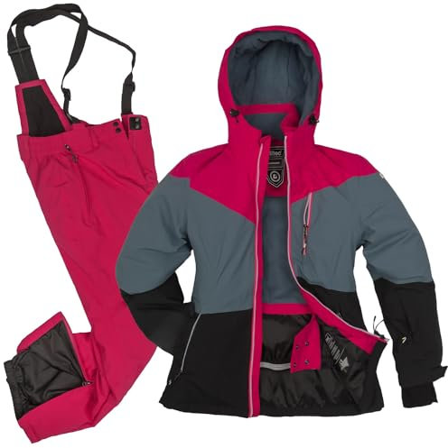 Killtec Damen Skianzug Größe 46 - aus Skijacke schwarz grau satt pink und Skihose satt pink - mit 10000mm Wassersäule - wasserdicht, atmungsaktiv