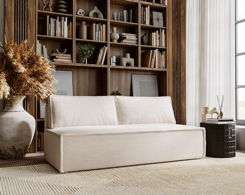 Kaiser Möbel - Sofa mit Schlaffunktion und Bettkasten, Sofa 2-sitzer, Schlafsofa mit Bettzeugbehälter, Klappsofa, Bettsofa, Bequemes Couch für Wohnzimmer, Schlafzimmer und Jugendzimmer, Duo, Beige