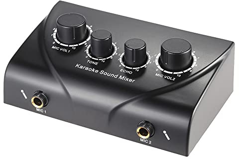 HUIOP Portatile Karaoke Audio Audio Mixer Echo Stereo Ingressi Doppio Microfono con Cavo RCA Adattatore di Alimentazione per la TV PC Smartphone Amplificatore,mixer stereo