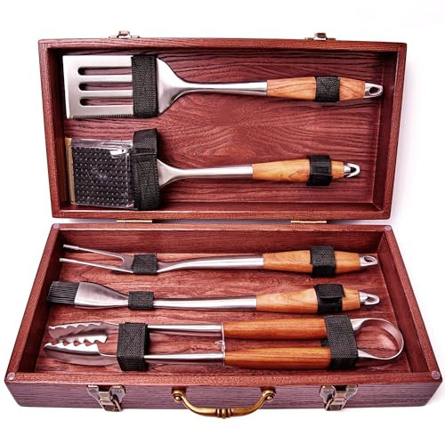 BBQ Grillzubehör - Barbecue Tool Sets - Luxus Grill Zubehör Kit - Grill Set mit Koffer - Premium Edelstahl Ausrüstung - 5 in 1 BBQ Zange, Fleischgabel, Spatel & Backpinsel