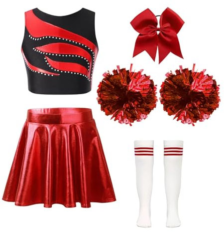 GSJNHY Cheerleading Uniformen Kinder Mädchen Cheerleading Outfits Cheerleader Uniform Ärmelloses Patchwork Crop Top Metallic Rock Kopfbedeckung Hand Blumen Socken (Color : A Red, Size : 8)