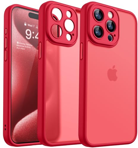 CANSHN Cover Opaca per iPhone 15 Pro Max(6,7 Pollici), [Protezione Completa Della Fotocamera] Custodia Traslucida Opaca Protettiva Sottile Antiurto - Rosso