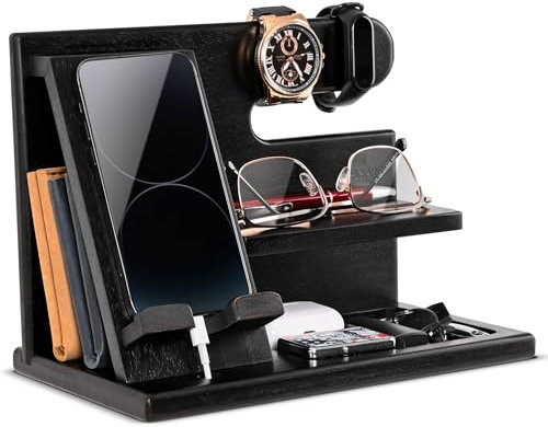 TESLYAR Handy-Dockingstation aus Holz, Nachttisch-Organizer, Schreibtisch-Organizer für Ehemann, Geburtstagsgeschenke für Männer oder Vater, Idee für Jahrestag, Schlüsselhalter, Ständer für Geldbörs