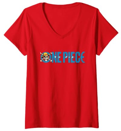 Femme One Piece Monkey D Luffy Chapeau de paille Badge Anime T-Shirt avec Col en V