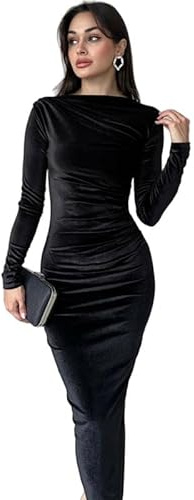 Hanaoops Vestido Mujer de Terciopelo Manga Larga Bodycon Maxi Vestidos de Fiesta Cóctel Envolvente Lápiz Vestido Talle Alto Color Sólido Largo Vestidos para Boda Club Noche Otoño e Invierno