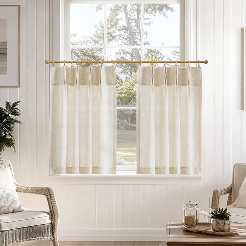 TOPICK scheibengardinen mit kräuselband küchengardinen leinenoptik Wohnzimmer bistrogardinen 2er Set schiebegardinen Lichtdurchlässig Beige Gardinen Kurz H90xB65 cm