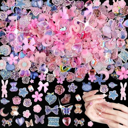 400-Piece 3D Nail Charms, Assorted 8-10 mm Nail Art Decorations, Motif Mix | Pink, Purple, Blue And Clear, Opaque, Translucent, Glittered And Iridescent Finishes, For Home Manicures And Crafts
