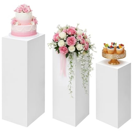 PoMuMOCic 3PCS White Square Pedestal Stands for Parties,White Display Stands Pillars, Metal Square Plinths Dessert Table Cube Display Pillars for Birthday Wedding