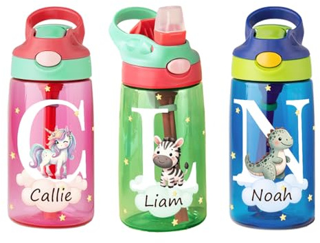 Générique Bouteille d'eau pour enfants personnalisée avec animaux 475ml | Initiale bouteille d’eau avec paille en silicone | cadeau pour garçons et filles
