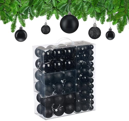 Relaxdays Weihnachtskugeln im 138er Set, Kunststoff, glitzernde, Matte, glänzende Baumkugeln, Christbaumschmuck, schwarz