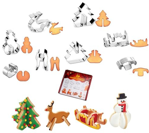 FANXIYA Ausstechformen Weihnachten, 3D Edelstahl Weihnachts-Ausstecher Set, Plätzchen Ausstecher für DIY Cookies, Fondant, Kuchen & Party-Deko (Weihnachten 8S)