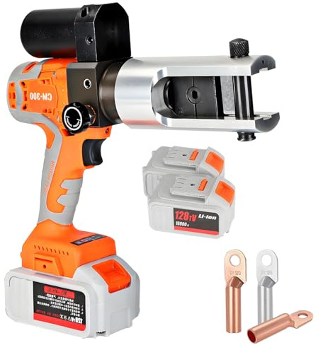 DNEPEI Pinza crimpatrice idraulica Ricaricabile con matrici da 16-300 mm², Pinza crimpatrice idraulica elettrica, Pinza crimpatrice a Batteria per Cavi, Cavi e funi Metalliche Orange-120KN