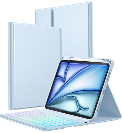Vobafe Hülle mit Tastatur für iPad A16 11 Generation 2025/10 Gen 2022 10,9 | für iPad Air 11 Zoll M4 2026/M3/M2, Air 5/4 Gen, Pro 11 4/3/2/1, Bunte Beleuchtung,Abnehmbare,QWERTZ,mit Stifthalter,Hellblau