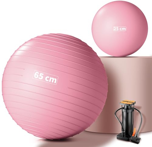 Lureon Gymnastikball 55/65/75 cm + Pilatesball 25 cm – Verdickt Yogaball, Anti-Burst & Anti-Rutsch, Pezziball für Schwangerschaft, Sitzball für Zuhause, Büro, Fitness, Yoga (Rosa, 65 + 25 cm)
