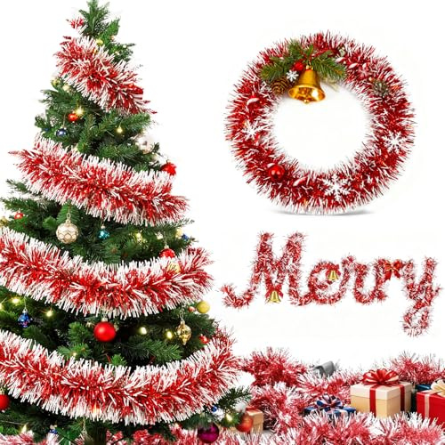 20m Espumillon Arbol Navidad Guirnalda - Rojo Guirnaldas Natal Navideñas Christmas Garland, Espumillón Navidad Decoracion Adornos para Exterior Hogar Puerta Escaleras Balcon