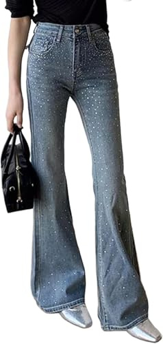 Jeans Elasticizzati con Strass a Vita Alta retrò Moda Donna Jeans Slim Fit Y2K a Gamba Larga Rhinestone-Embellished Leggermente Svasati (Blu,XXL)